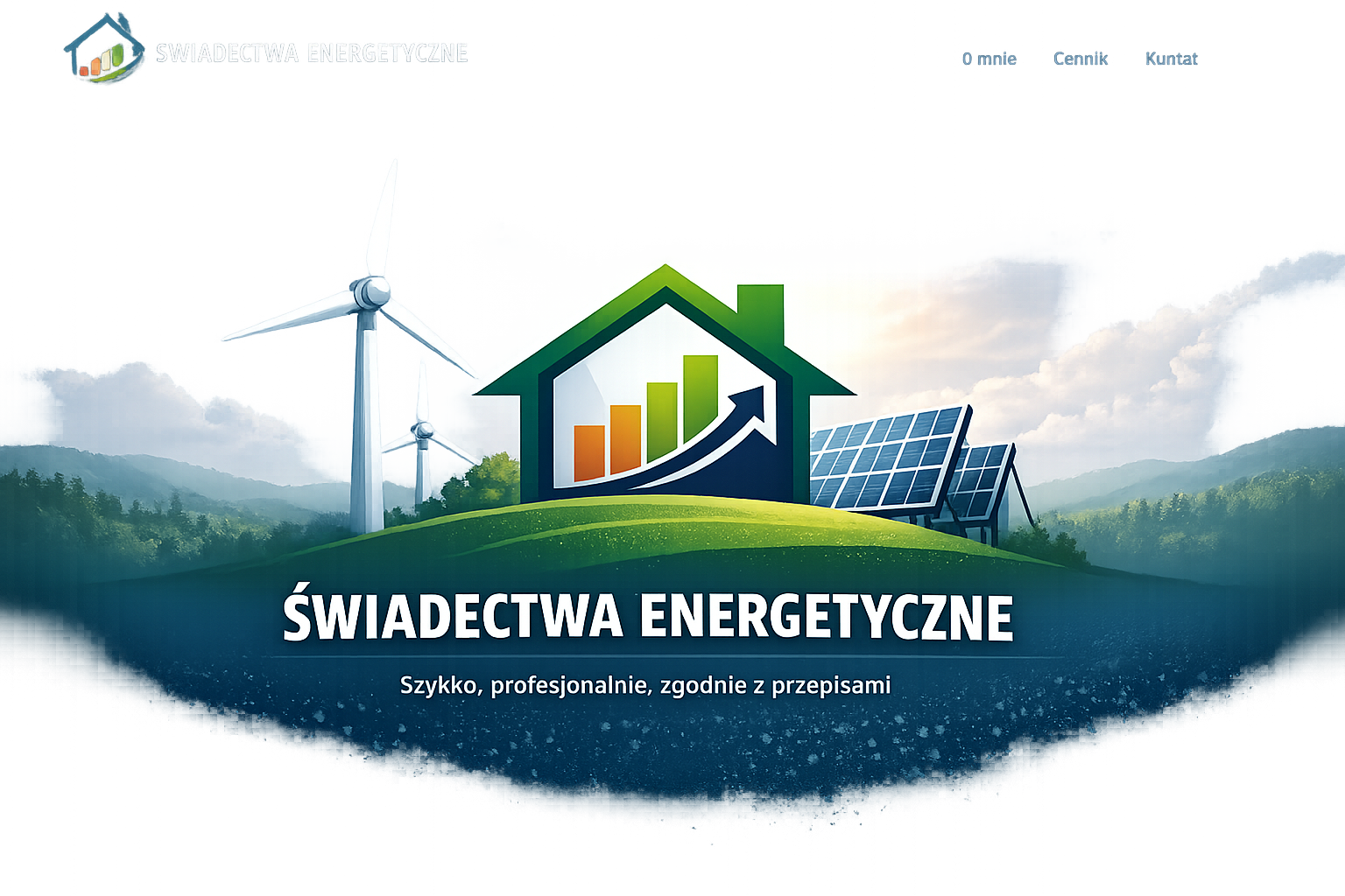 Dom z wykresem, turbiną wiatrową i panelami fotowoltaicznymi